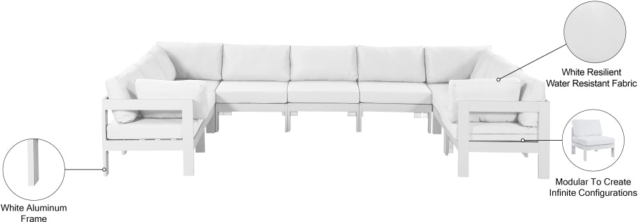 Meridian Furniture - Nizuc 150" Water Resistant Fabric Upholstered Outdoor Patio 9 Piece Modular Sectional - 375White-Sec9C - GreatFurnitureDeal