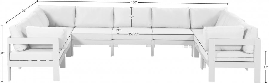 Meridian Furniture - Nizuc 150" Water Resistant Fabric Upholstered Outdoor Patio 9 Piece Modular Sectional - 375White-Sec9C - GreatFurnitureDeal