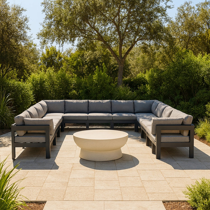 Meridian Furniture - Nizuc 150" Water Resistant Fabric Upholstered Outdoor Patio 11 Piece Modular Sectional - 376Grey-Sec11A - GreatFurnitureDeal