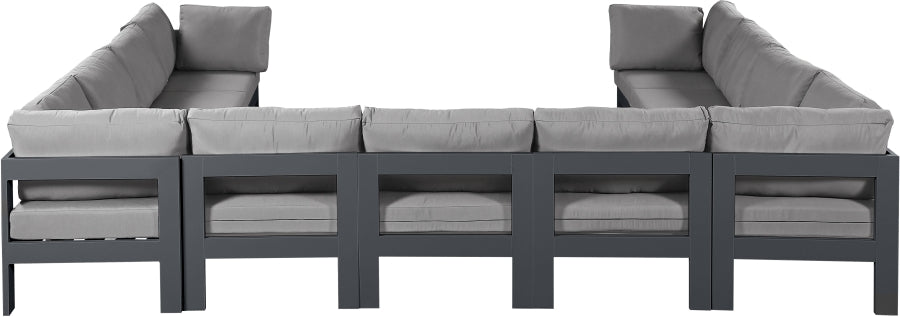 Meridian Furniture - Nizuc 150" Water Resistant Fabric Upholstered Outdoor Patio 11 Piece Modular Sectional - 376Grey-Sec11A - GreatFurnitureDeal