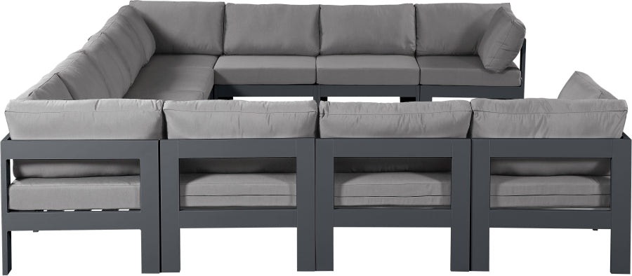 Meridian Furniture - Nizuc 150" Water Resistant Fabric Upholstered Outdoor Patio 11 Piece Modular Sectional - 376Grey-Sec11A - GreatFurnitureDeal