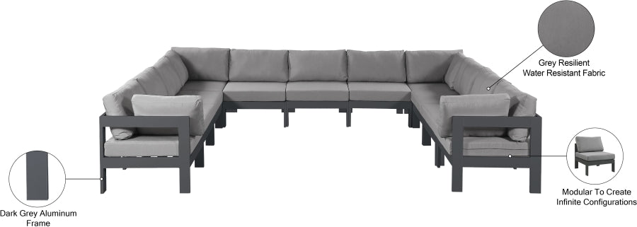 Meridian Furniture - Nizuc 150" Water Resistant Fabric Upholstered Outdoor Patio 11 Piece Modular Sectional - 376Grey-Sec11A - GreatFurnitureDeal