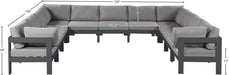 Meridian Furniture - Nizuc 150" Water Resistant Fabric Upholstered Outdoor Patio 11 Piece Modular Sectional - 376Grey-Sec11A - GreatFurnitureDeal