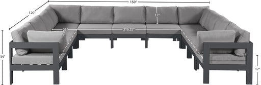Meridian Furniture - Nizuc 150" Water Resistant Fabric Upholstered Outdoor Patio 11 Piece Modular Sectional - 376Grey-Sec11A - GreatFurnitureDeal