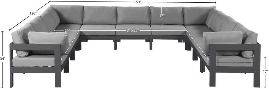 Meridian Furniture - Nizuc 150" Water Resistant Fabric Upholstered Outdoor Patio 11 Piece Modular Sectional - 376Grey-Sec11A - GreatFurnitureDeal
