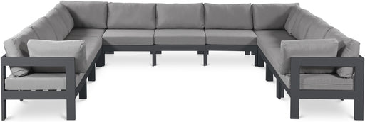 Meridian Furniture - Nizuc 150" Water Resistant Fabric Upholstered Outdoor Patio 11 Piece Modular Sectional - 376Grey-Sec11A - GreatFurnitureDeal