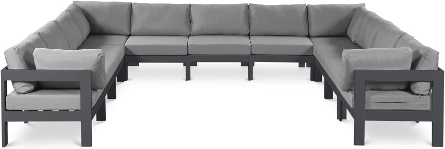 Meridian Furniture - Nizuc 150" Water Resistant Fabric Upholstered Outdoor Patio 11 Piece Modular Sectional - 376Grey-Sec11A - GreatFurnitureDeal