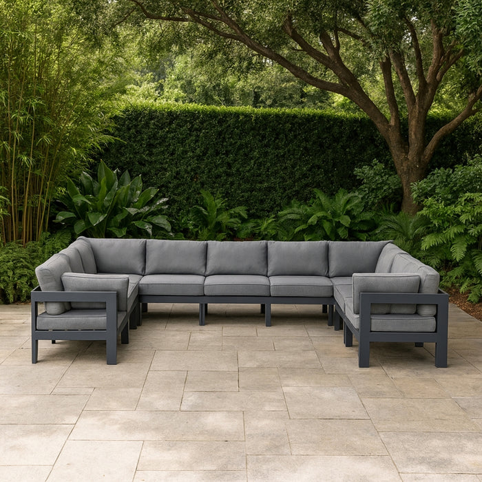 Meridian Furniture - Nizuc 150" Water Resistant Fabric Upholstered Outdoor Patio 9 Piece Modular Sectional - 376Grey-Sec9C - GreatFurnitureDeal
