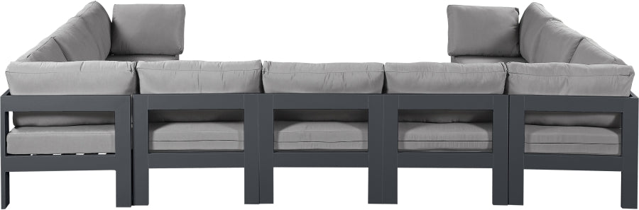 Meridian Furniture - Nizuc 150" Water Resistant Fabric Upholstered Outdoor Patio 9 Piece Modular Sectional - 376Grey-Sec9C - GreatFurnitureDeal