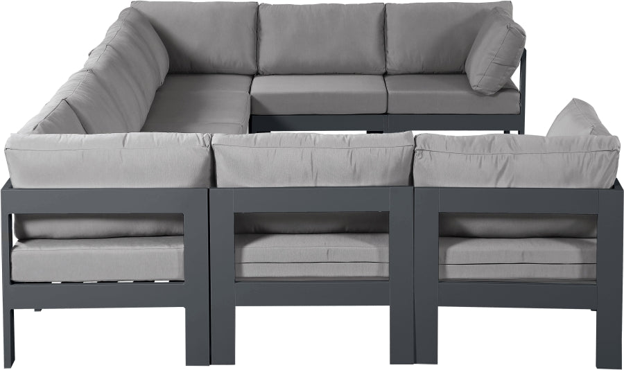 Meridian Furniture - Nizuc 150" Water Resistant Fabric Upholstered Outdoor Patio 9 Piece Modular Sectional - 376Grey-Sec9C - GreatFurnitureDeal