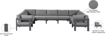 Meridian Furniture - Nizuc 150" Water Resistant Fabric Upholstered Outdoor Patio 9 Piece Modular Sectional - 376Grey-Sec9C - GreatFurnitureDeal