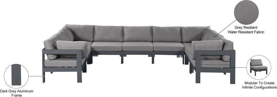 Meridian Furniture - Nizuc 150" Water Resistant Fabric Upholstered Outdoor Patio 9 Piece Modular Sectional - 376Grey-Sec9C - GreatFurnitureDeal