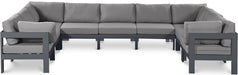 Meridian Furniture - Nizuc 150" Water Resistant Fabric Upholstered Outdoor Patio 9 Piece Modular Sectional - 376Grey-Sec9C - GreatFurnitureDeal