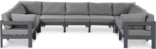 Meridian Furniture - Nizuc 150" Water Resistant Fabric Upholstered Outdoor Patio 9 Piece Modular Sectional - 376Grey-Sec9C - GreatFurnitureDeal