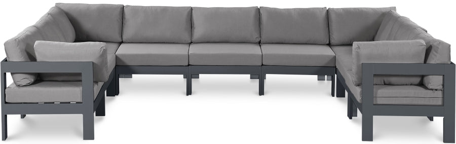 Meridian Furniture - Nizuc 150" Water Resistant Fabric Upholstered Outdoor Patio 9 Piece Modular Sectional - 376Grey-Sec9C - GreatFurnitureDeal