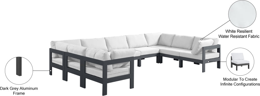 Meridian Furniture - Nizuc 150" Water Resistant Fabric Upholstered Outdoor Patio 9 Piece Modular Sectional - 376White-Sec9C - GreatFurnitureDeal