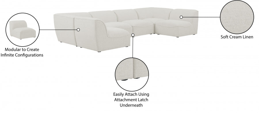 Meridian Furniture - Miramar 142" Linen Textured Fabric Upholstered 6 Piece Modular Sectional - 683Cream-Sec6D