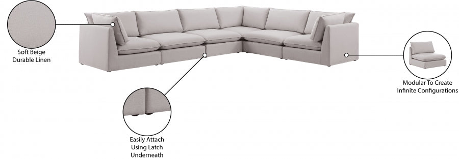 Meridian Furniture - Mackenzie 160" Linen Textured Fabric Upholstered 6 Piece Modular Sectional - 688Beige-Sec6A - GreatFurnitureDeal
