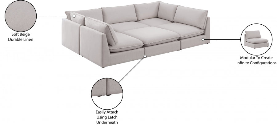 Meridian Furniture - Mackenzie 120" Linen Textured Fabric Upholstered 6 Piece Modular Sectional - 688Beige-Sec6D - GreatFurnitureDeal