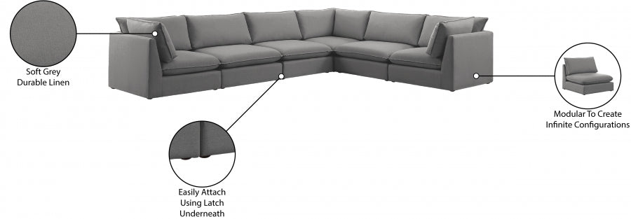 Meridian Furniture - Mackenzie 160" Linen Textured Fabric Upholstered 6 Piece Modular Sectional - 688Grey-Sec6A - GreatFurnitureDeal