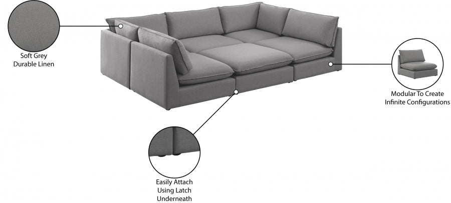 Meridian Furniture - Mackenzie 120" Linen Textured Fabric Upholstered 6 Piece Modular Sectional - 688Grey-Sec6D - GreatFurnitureDeal