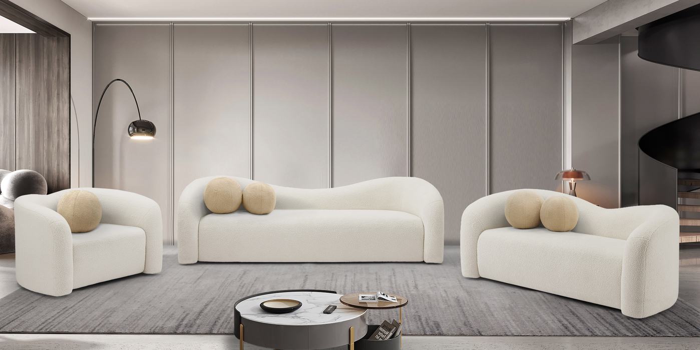 Meridian Furniture - Kali 86" Cream Faux Shearling Teddy Fabric Upholstered Sofa - 186Cream-S - GreatFurnitureDeal