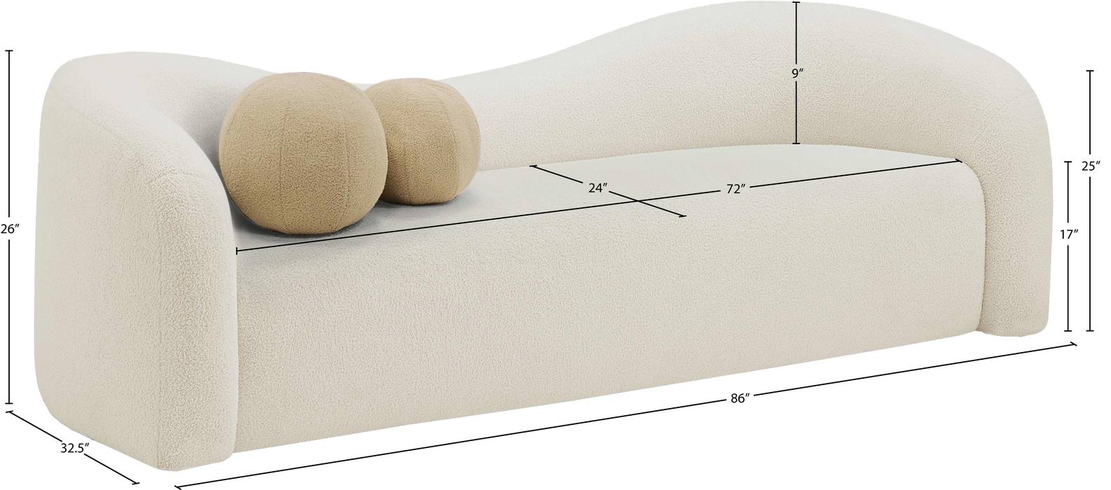 Meridian Furniture - Kali 86" Cream Faux Shearling Teddy Fabric Upholstered Sofa - 186Cream-S - GreatFurnitureDeal