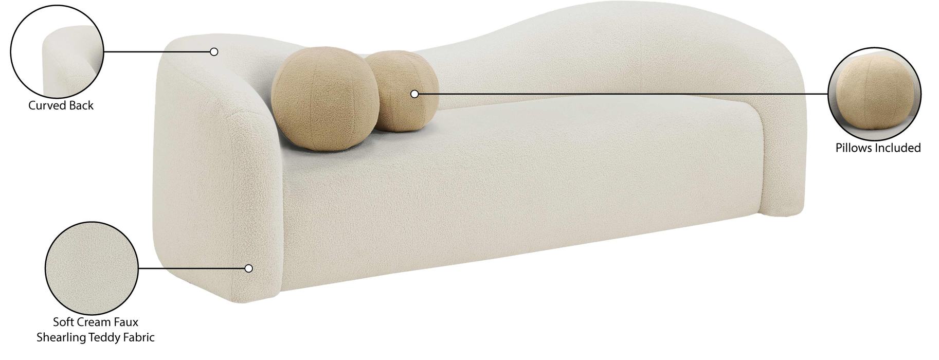 Meridian Furniture - Kali 86" Cream Faux Shearling Teddy Fabric Upholstered Sofa - 186Cream-S - GreatFurnitureDeal
