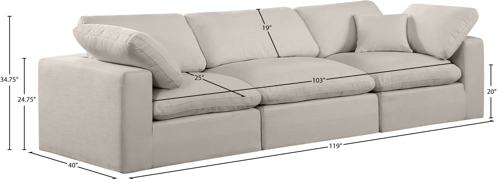 Meridian Furniture - Comfy 119" Beige Linen Textured Fabric Upholstered 3pc. Sofa - 187Beige-S119 - GreatFurnitureDeal