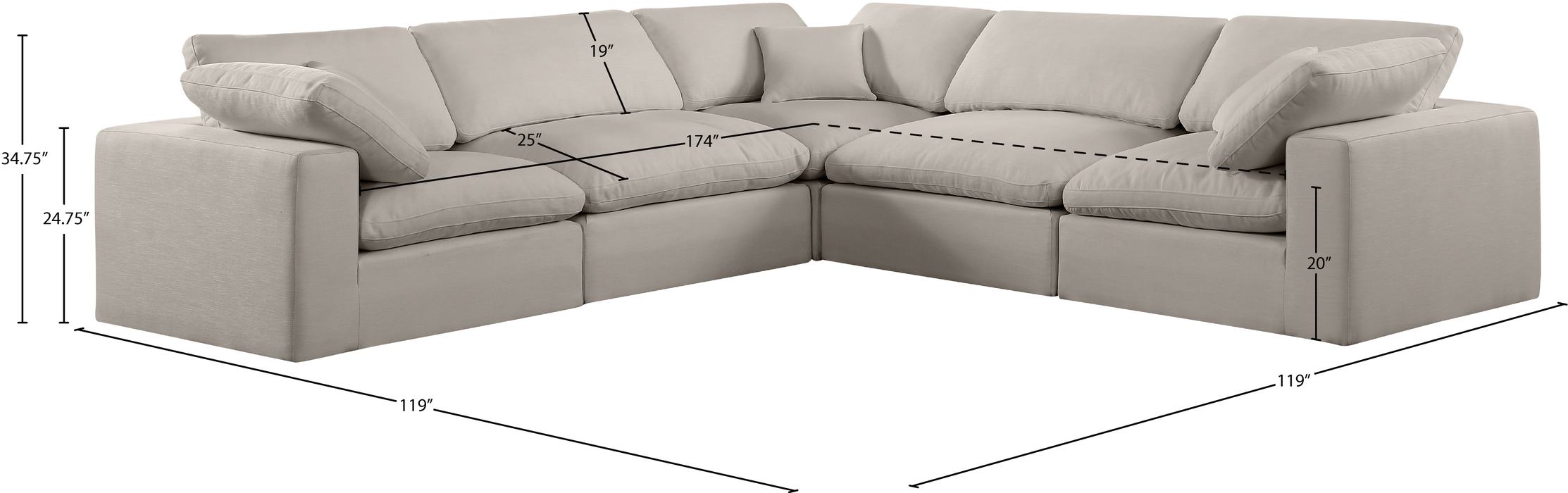 Meridian Furniture - Comfy 119" Beige Linen Textured Fabric Upholstered 5pc. Sectional - 187Beige-Sec5C - GreatFurnitureDeal