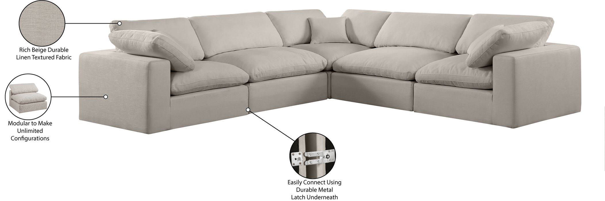 Meridian Furniture - Comfy 119" Beige Linen Textured Fabric Upholstered 5pc. Sectional - 187Beige-Sec5C - GreatFurnitureDeal