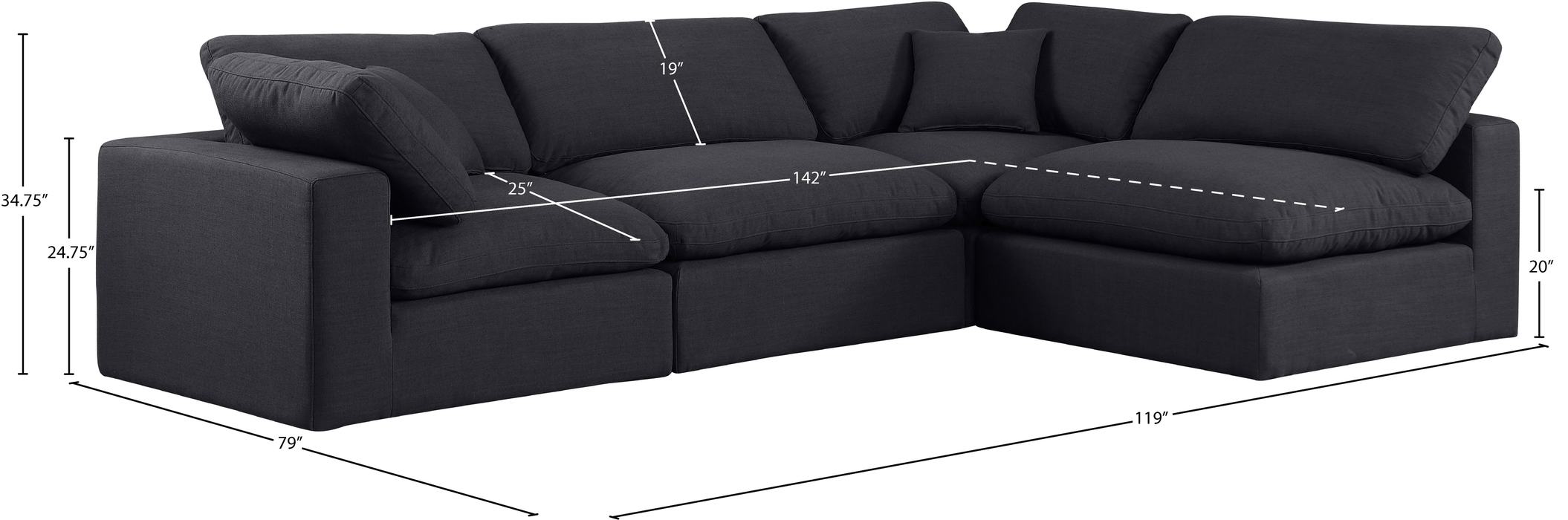 Meridian Furniture - Comfy 119" Black Linen Textured Fabric Upholstered 4pc. Sectional - 187Black-Sec4B - GreatFurnitureDeal