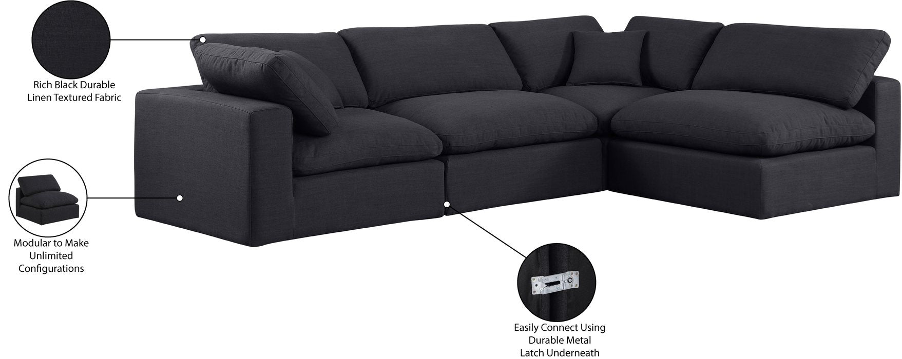 Meridian Furniture - Comfy 119" Black Linen Textured Fabric Upholstered 4pc. Sectional - 187Black-Sec4B - GreatFurnitureDeal