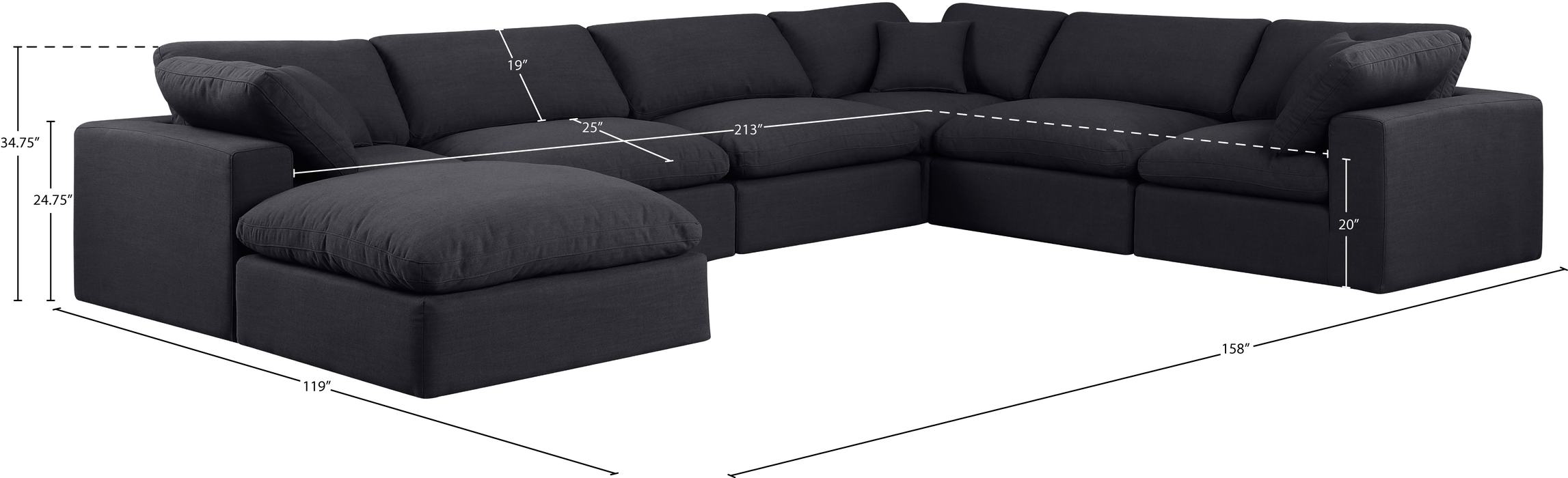 Meridian Furniture - Comfy 158" Black Linen Textured Fabric Upholstered 7pc. Sectional - 187Black-Sec7A - GreatFurnitureDeal
