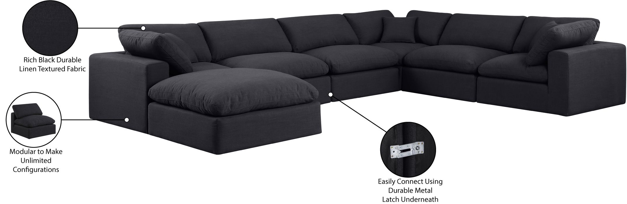 Meridian Furniture - Comfy 158" Black Linen Textured Fabric Upholstered 7pc. Sectional - 187Black-Sec7A - GreatFurnitureDeal