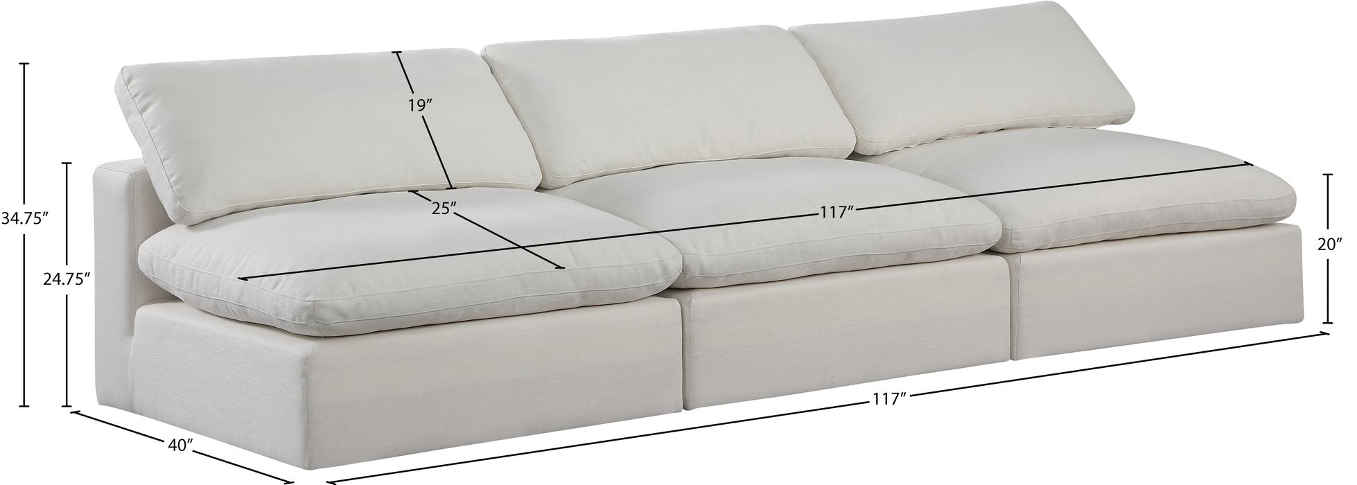 Meridian Furniture - Comfy 117" Cream Linen Textured Fabric Upholstered 3pc. Armless Sofa - 187Cream-S117 - GreatFurnitureDeal