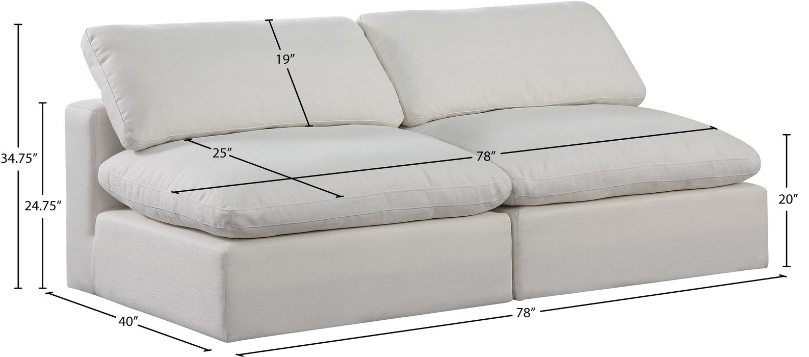 Meridian Furniture - Comfy 78" Cream Linen Textured Fabric Upholstered 2pc. Armless Sofa - 187Cream-S78 - GreatFurnitureDeal