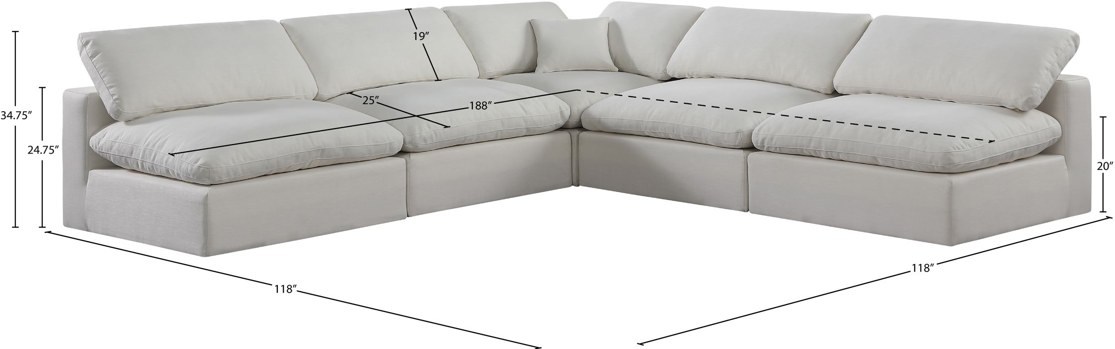 Meridian Furniture - Comfy 118" Cream Linen Textured Fabric Upholstered 5pc. Sectional - 187Cream-Sec5B - GreatFurnitureDeal
