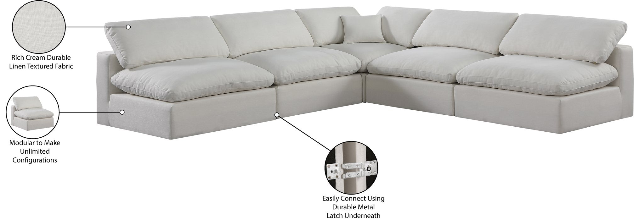 Meridian Furniture - Comfy 118" Cream Linen Textured Fabric Upholstered 5pc. Sectional - 187Cream-Sec5B - GreatFurnitureDeal