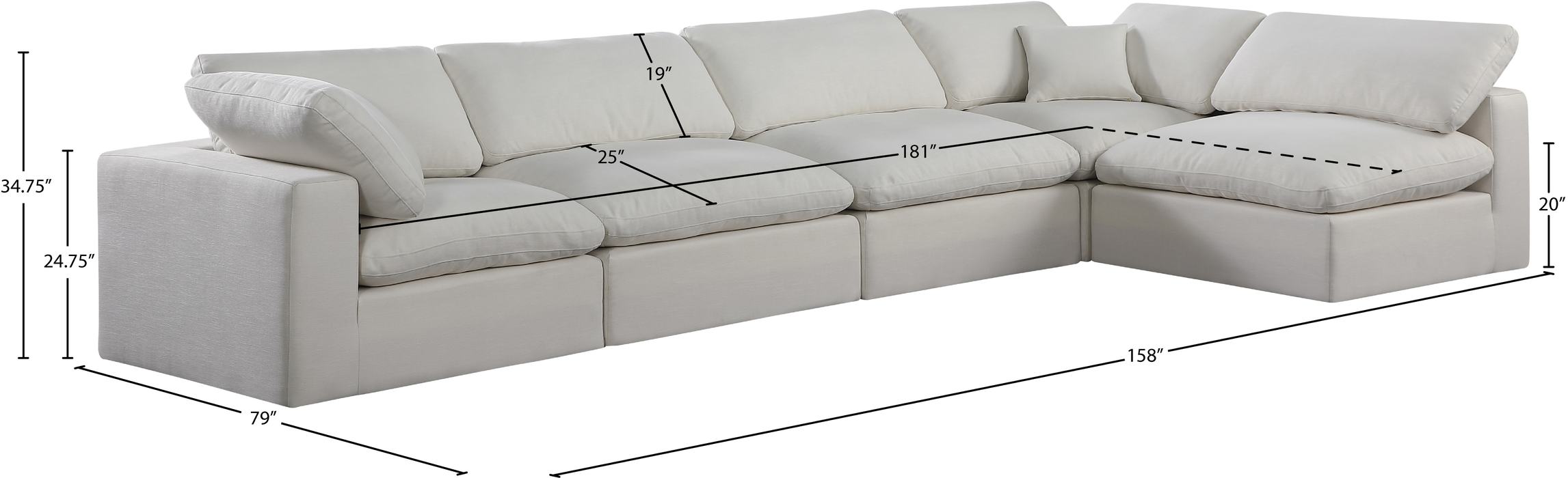 Meridian Furniture - Comfy 158" Cream Linen Textured Fabric Upholstered 5pc. Sectional - 187Cream-Sec5D - GreatFurnitureDeal