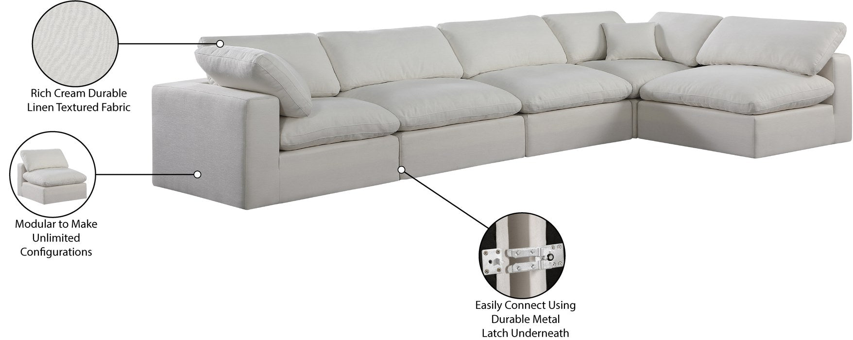 Meridian Furniture - Comfy 158" Cream Linen Textured Fabric Upholstered 5pc. Sectional - 187Cream-Sec5D - GreatFurnitureDeal