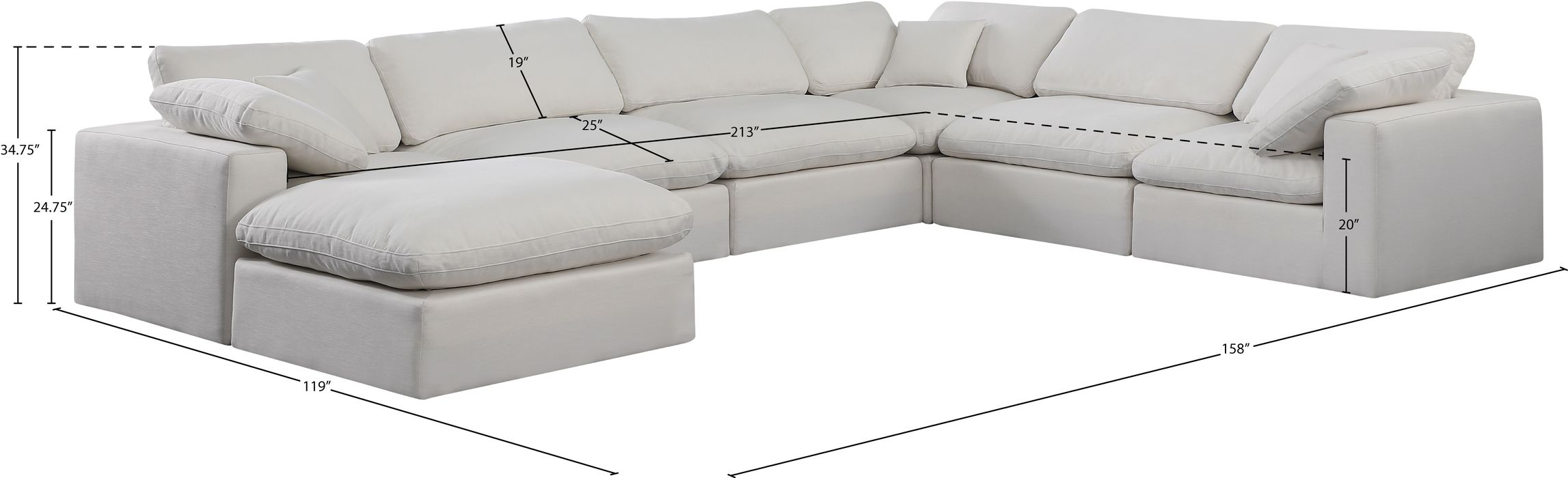 Meridian Furniture - Comfy 158" Cream Linen Textured Fabric Upholstered 7pc. Sectional - 187Cream-Sec7A - GreatFurnitureDeal