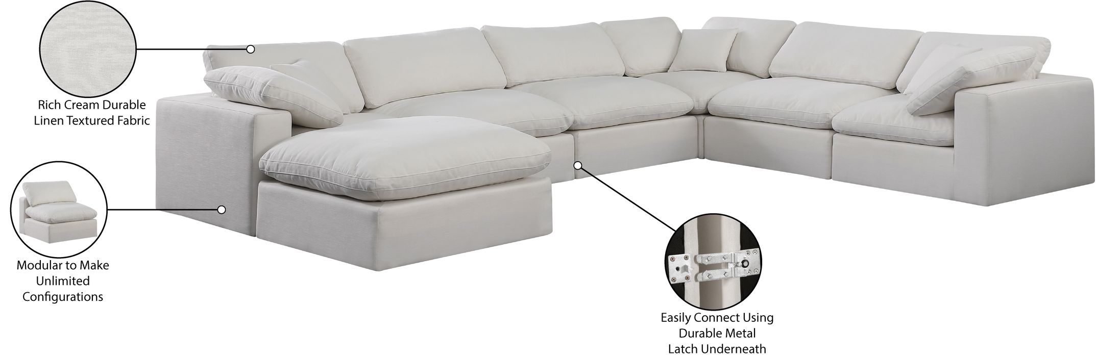 Meridian Furniture - Comfy 158" Cream Linen Textured Fabric Upholstered 7pc. Sectional - 187Cream-Sec7A - GreatFurnitureDeal