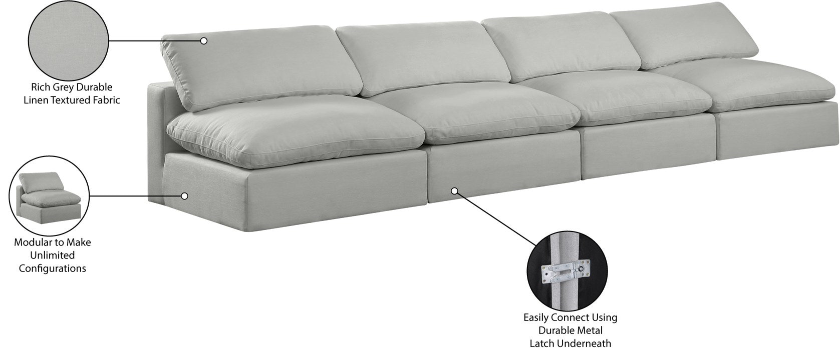 Meridian Furniture - Comfy 156" Grey Linen Textured Fabric Upholstered 4pc. Armless Sofa - 187Grey-S156 - GreatFurnitureDeal