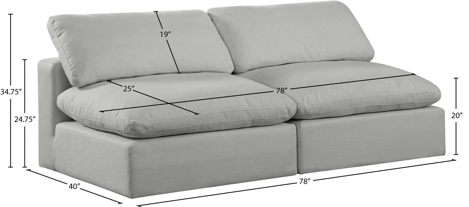 Meridian Furniture - Comfy 78" Grey Linen Textured Fabric Upholstered 2pc. Armless Sofa - 187Grey-S78 - GreatFurnitureDeal
