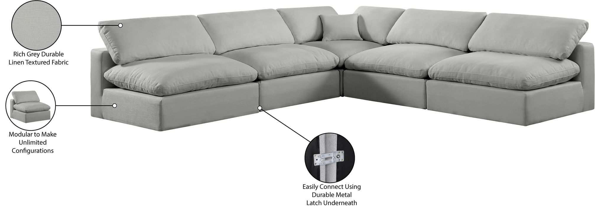 Meridian Furniture - Comfy 118" Grey Linen Textured Fabric Upholstered 5pc. Sectional - 187Grey-Sec5B - GreatFurnitureDeal