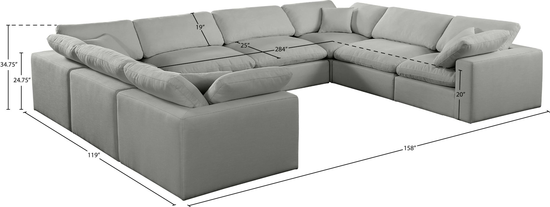 Meridian Furniture - Comfy 158" Grey Linen Textured Fabric Upholstered 8pc. Sectional - 187Grey-Sec8A - GreatFurnitureDeal