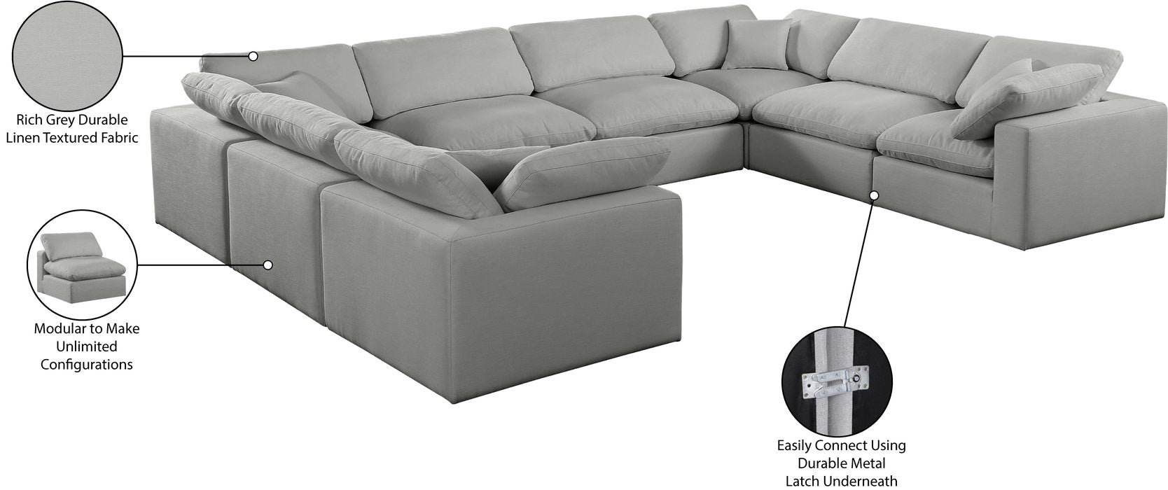 Meridian Furniture - Comfy 158" Grey Linen Textured Fabric Upholstered 8pc. Sectional - 187Grey-Sec8A - GreatFurnitureDeal