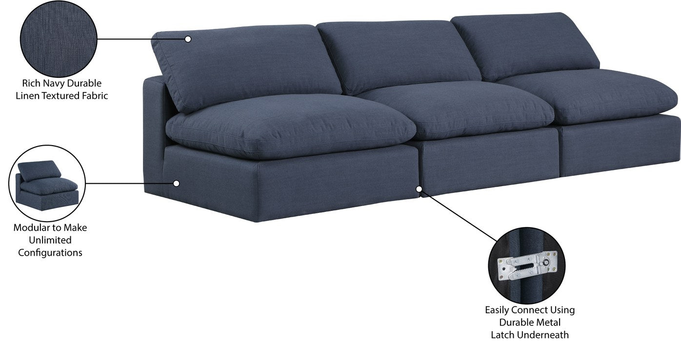 Meridian Furniture - Comfy 117" Navy Linen Textured Fabric Upholstered 3pc. Armless Sofa - 187Navy-S117 - GreatFurnitureDeal