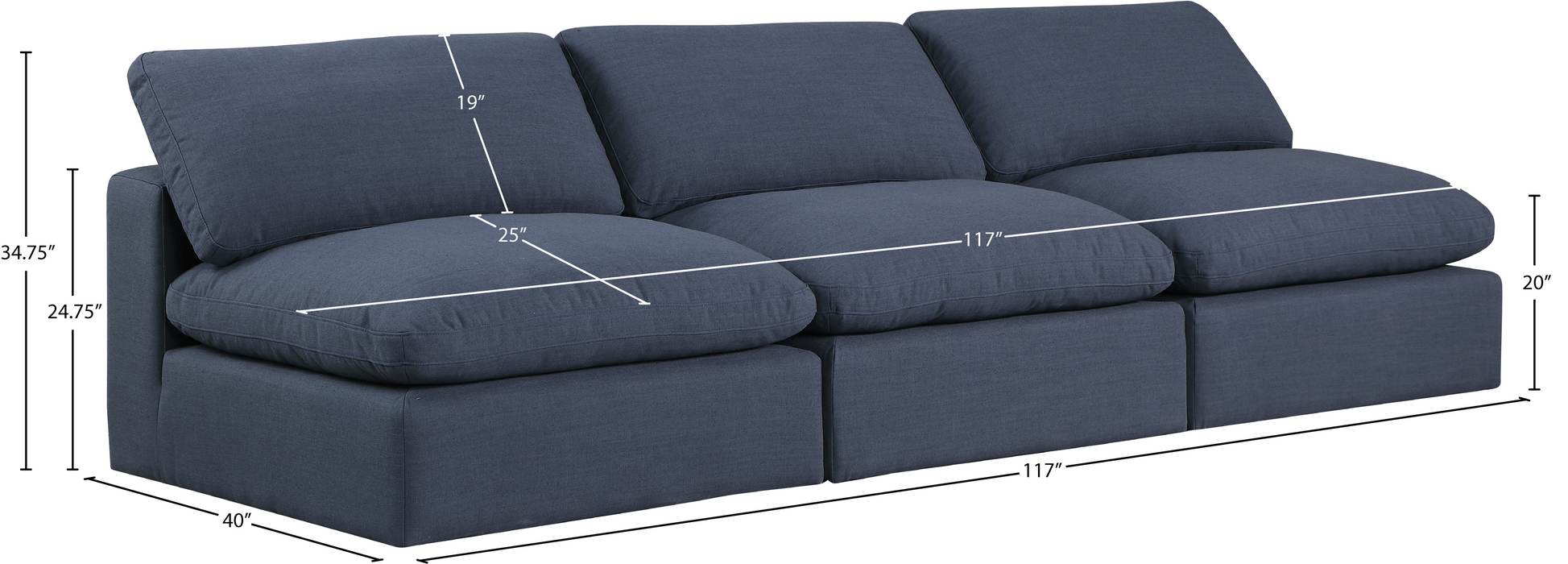 Meridian Furniture - Comfy 117" Navy Linen Textured Fabric Upholstered 3pc. Armless Sofa - 187Navy-S117 - GreatFurnitureDeal